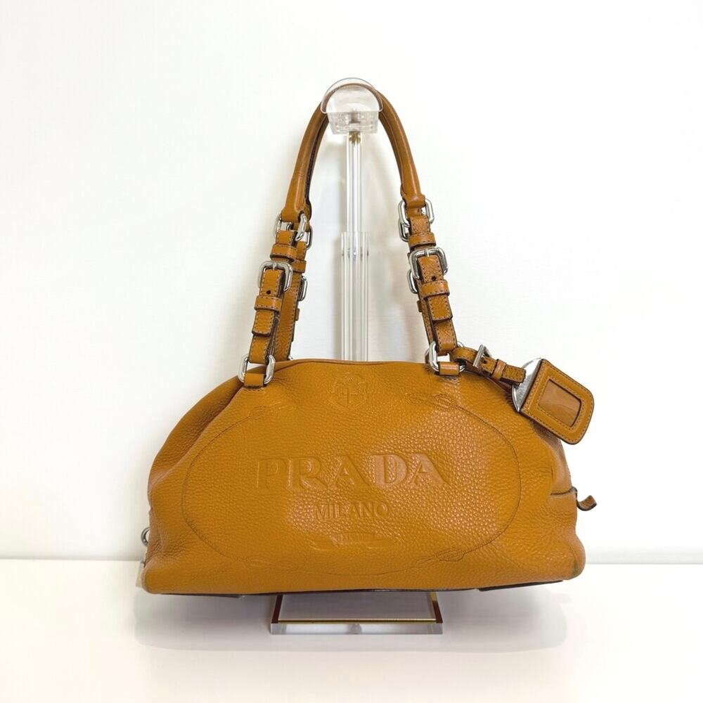 PRADA Orange Leather Embossed Logo Bowler Shoulder Bag Silver Zip Handbag Milano